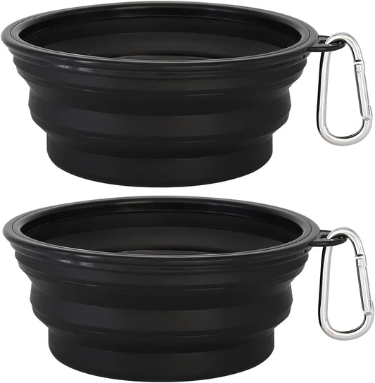 Large Collapsible Dog Bowls 2-Pack - 34Oz Portable Travel Water & Food Bowls with Clasp for Pets - Ideal for Hiking, Walking & Traveling (Black)
