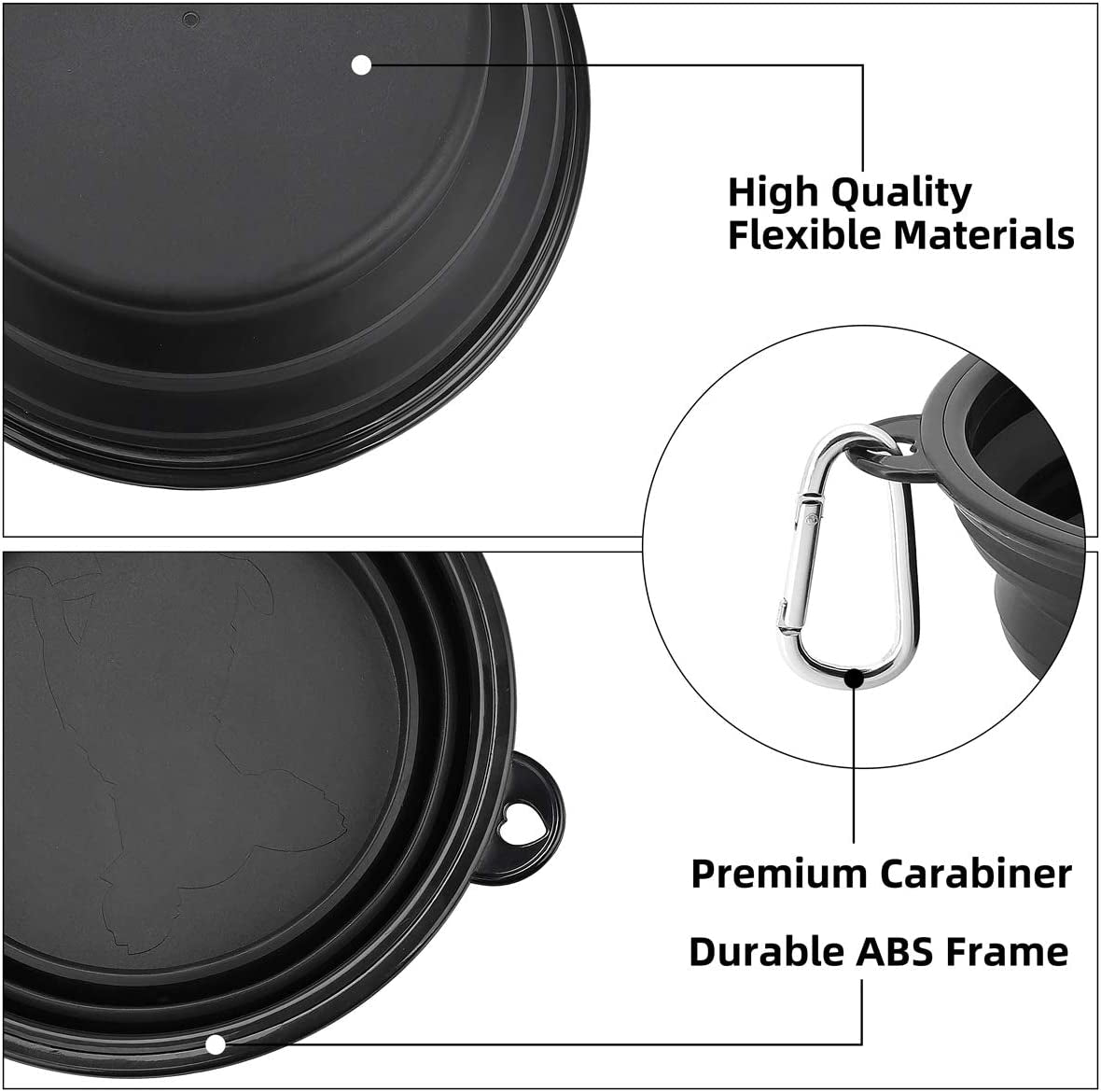 Large Collapsible Dog Bowls 2-Pack - 34Oz Portable Travel Water & Food Bowls with Clasp for Pets - Ideal for Hiking, Walking & Traveling (Black)