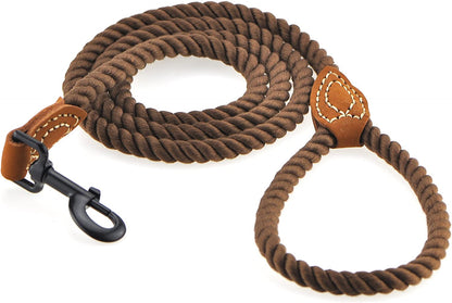 Dog Leash, Braided Cotton Rope Leashes with Leather Tip - Heavy Duty Metal Clasp, 4FT, 1/2" Thick - Wedding, Walking & Training Leash for Small Medium Large Dogs (Dark Brown)
