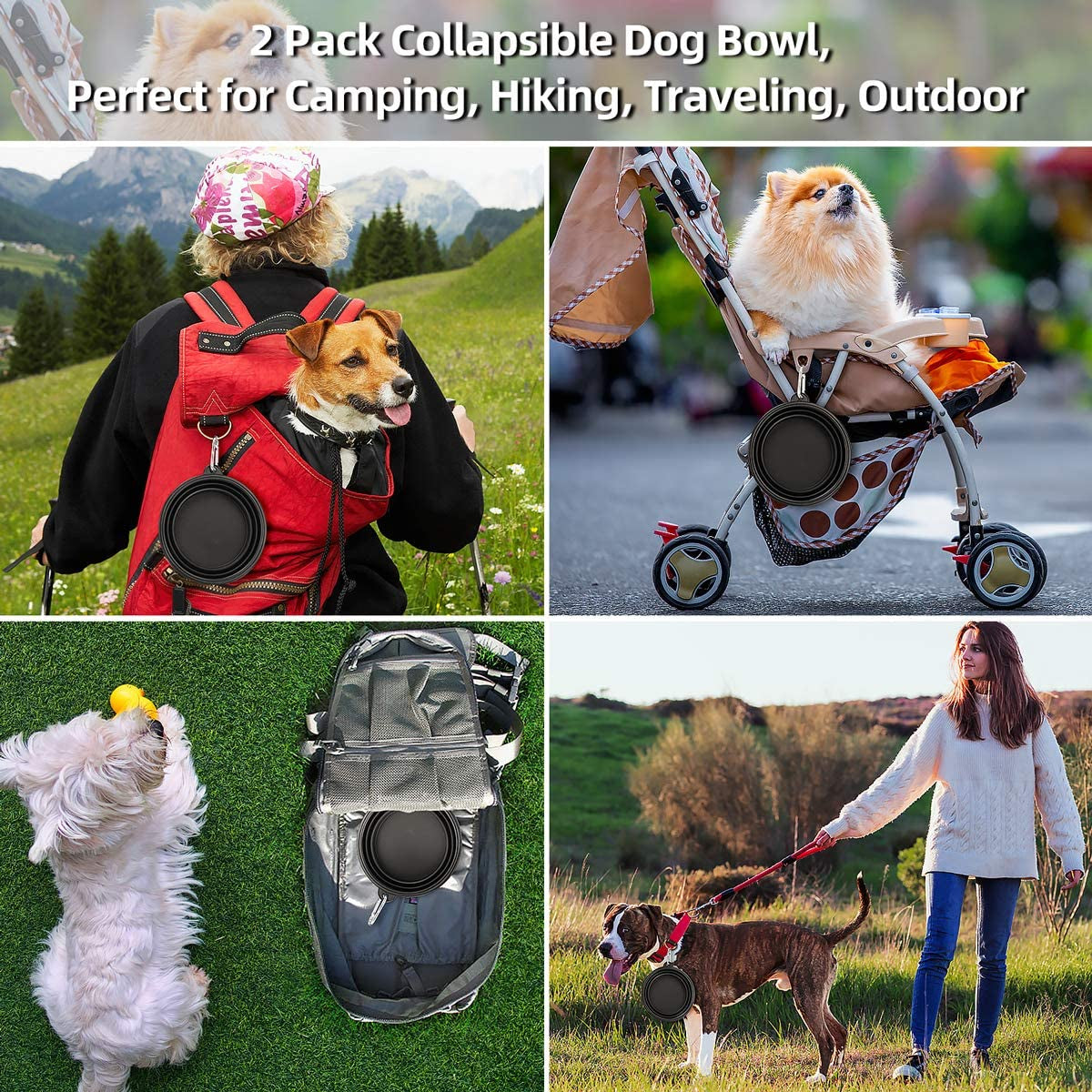 Large Collapsible Dog Bowls 2-Pack - 34Oz Portable Travel Water & Food Bowls with Clasp for Pets - Ideal for Hiking, Walking & Traveling (Black)