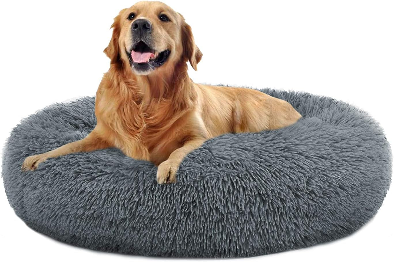 Cozy Calming Donut Cuddler Bed for Large and Medium Dogs and Cats - Plush Faux Fur Pillow Pet