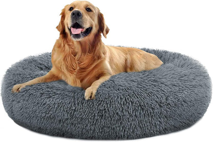 Cozy Calming Donut Cuddler Bed for Large and Medium Dogs and Cats - Plush Faux Fur Pillow Pet