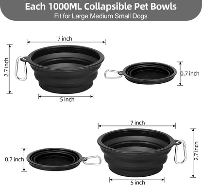 Large Collapsible Dog Bowls 2-Pack - 34Oz Portable Travel Water & Food Bowls with Clasp for Pets - Ideal for Hiking, Walking & Traveling (Black)
